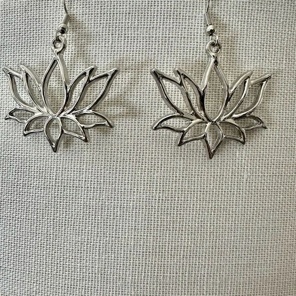 Silver tone lotus flower drop earrings